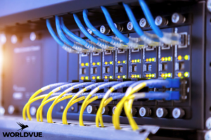 cabling connected to equipment, with WorldVue logo in corner